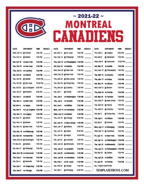 canadiens de montréal calendrier imprimable